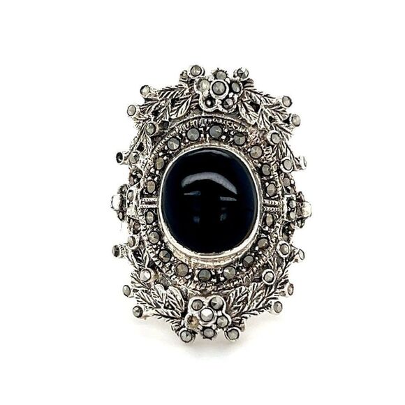 Enchant Sterling Silver 925 Onyx/Marcasite Ring - Picture 1 of 10